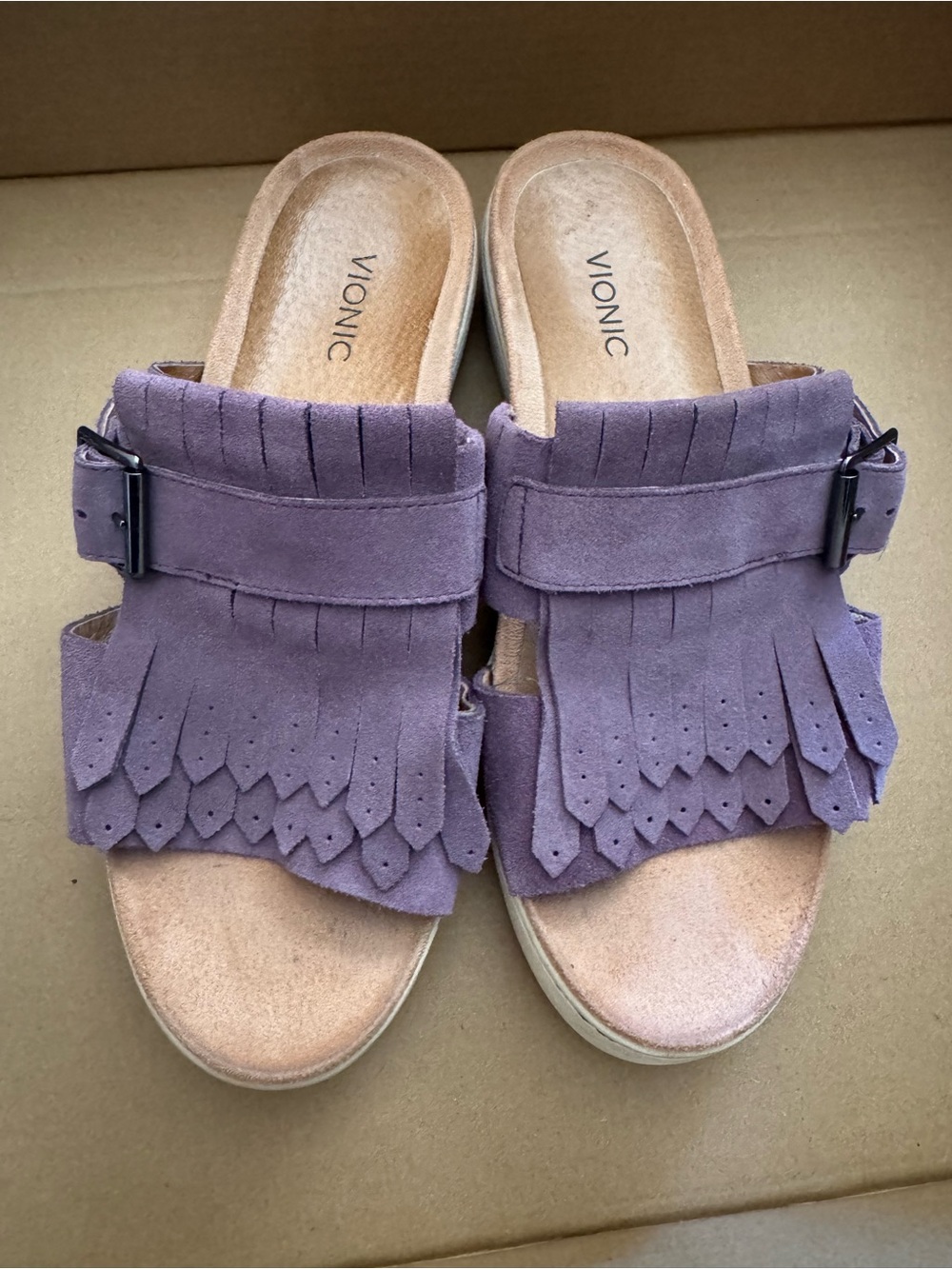 Vionic purple suede slip on sandals